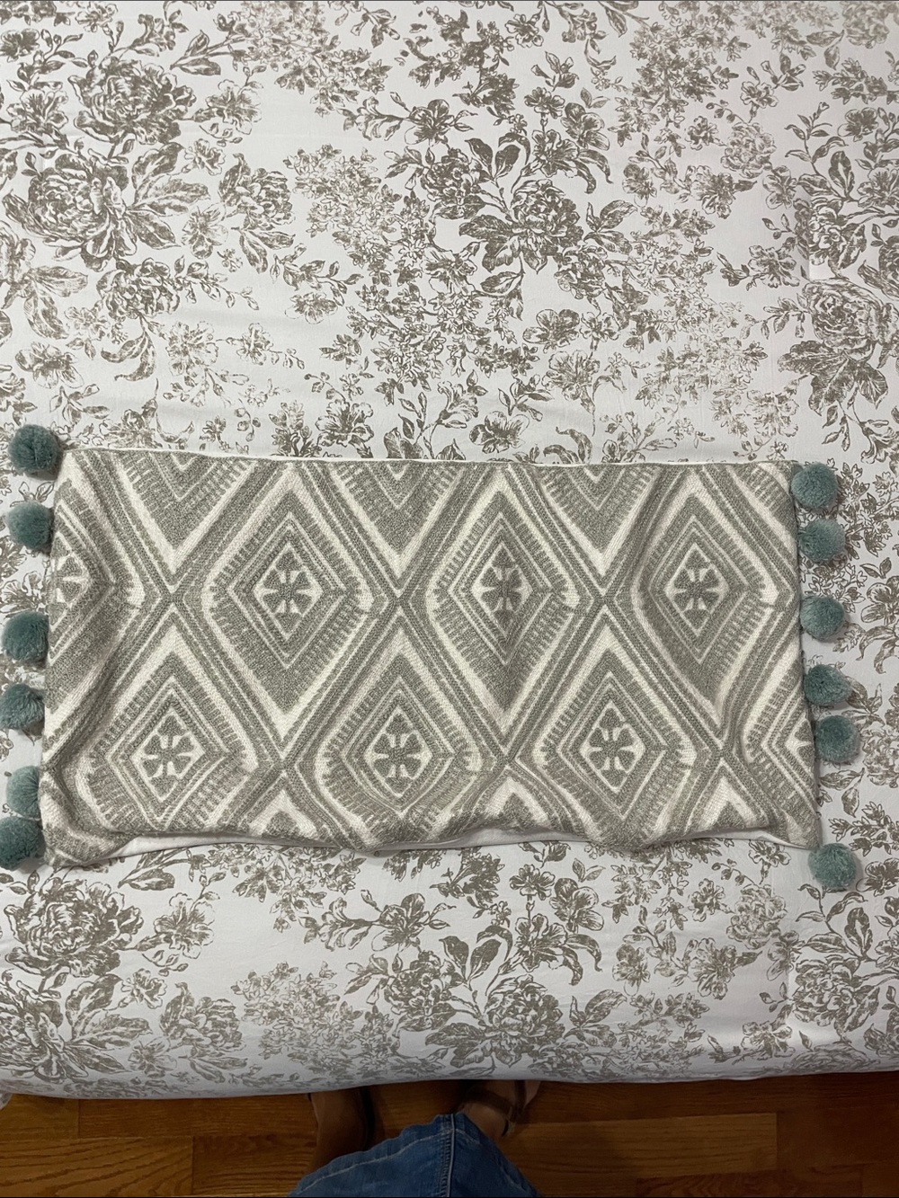 Neutral Diamond Pattern Throw Pillow Cover with dusty Blue Pom Poms